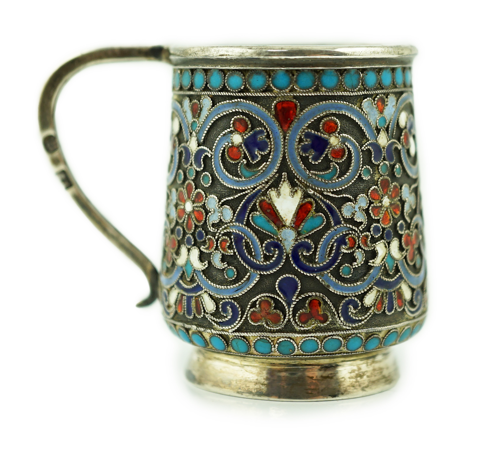 A late 19th century Russian 84 zolotnik silver and cloisonné enamelled handled tot, master Gustav Klingert